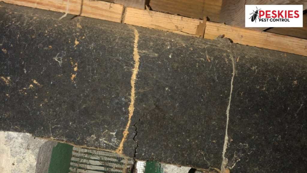 A vertical subterranean termite mud tube running up a dark surface toward wooden floor joists in a crawl space, featuring the Peskies Pest Control logo.