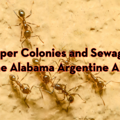 A close-up photograph showing a group of Argentine ants crawling on a rough, tan-colored exterior surface. Centered in the image is the title text in red and black: "Super Colonies and Sewage: The Alabama Argentine Ant". The "Peskies Pest Control" logo is positioned in the top right corner.