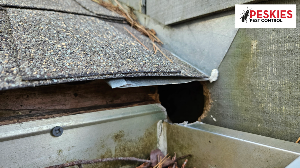 Close-up of a squirrel hole in a wooden soffit area with pine needle debris in the gutter, illustrating common wildlife entry points.