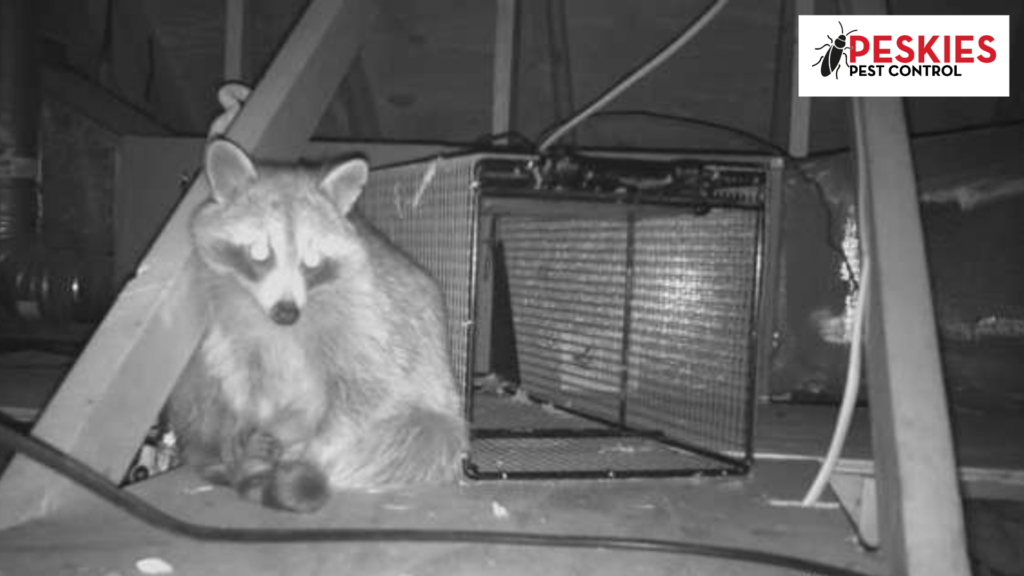 Night-vision trail camera footage of a raccoon in a Birmingham home attic near a Peskies Pest Control humane live-capture trap.