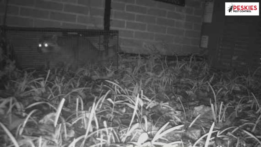 A black-and-white night-vision trail camera photograph shows a raccoon inside a wire mesh live trap. The raccoon's eyes are glowing brightly from the camera's infrared flash as it looks toward the lens. The trap is positioned on the ground in a garden bed filled with low-lying plants and leaf litter, set against a light-colored brick wall. A logo for "Peskies Pest Control" is visible in the upper right corner.