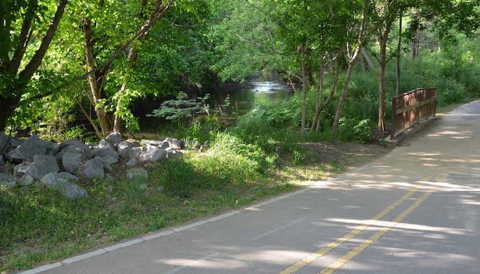 A paved walking path on the Lakeshore Trail in Homewood, Alabama, featuring a wooden bridge railing and a view of a tranquil creek surrounded by dense green trees and summer foliage.