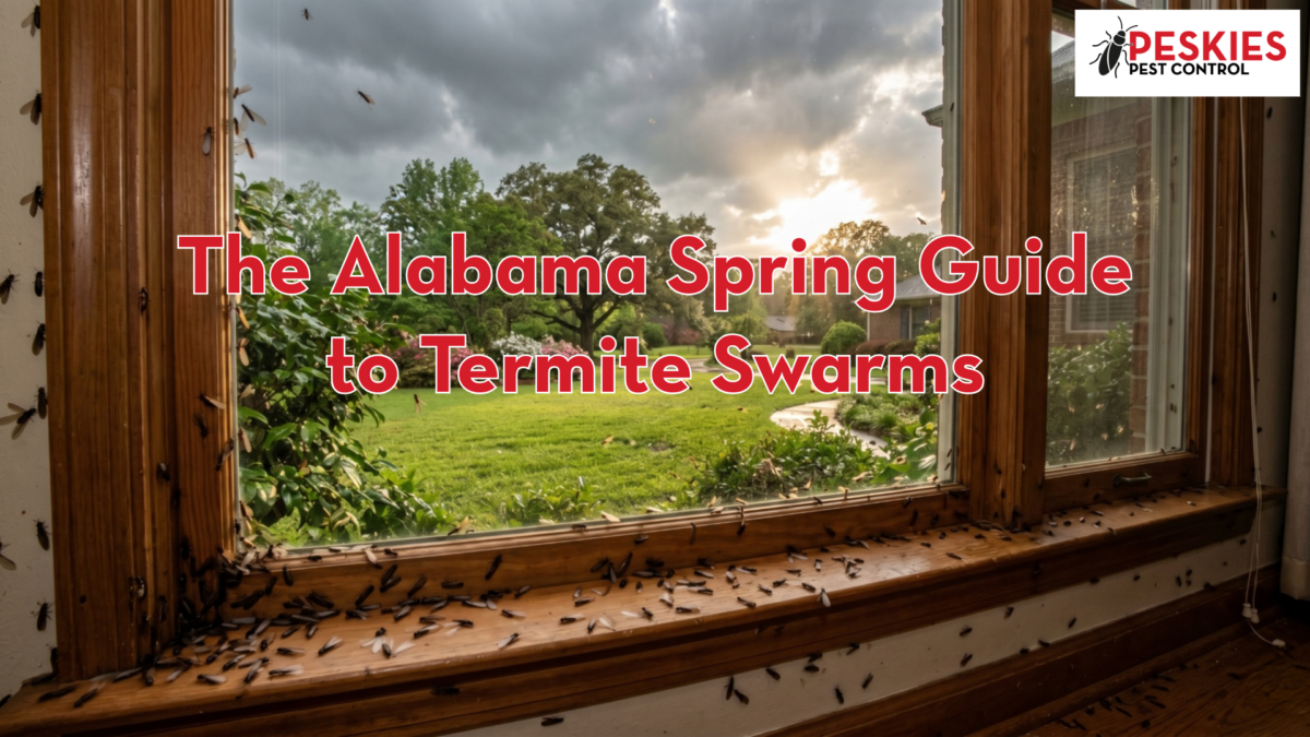 An indoor view looking through a large wooden-framed window onto a lush, green grassy yard under a dramatic, cloudy sky where the sun is breaking through after a rainstorm. The interior of the window area is heavily infested with a dense swarm of winged termite swarmers (alates), which are clustered thickly along the wooden windowsill, crawling up the window frame, and fluttering near the glass. Bold red text outlined in white across the center of the image reads, "The Alabama Spring Guide to Termite Swarms," and the "Peskies Pest Control" logo is visible in the top right corner.