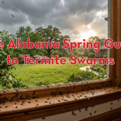 An indoor view looking through a large wooden-framed window onto a lush, green grassy yard under a dramatic, cloudy sky where the sun is breaking through after a rainstorm. The interior of the window area is heavily infested with a dense swarm of winged termite swarmers (alates), which are clustered thickly along the wooden windowsill, crawling up the window frame, and fluttering near the glass. Bold red text outlined in white across the center of the image reads, "The Alabama Spring Guide to Termite Swarms," and the "Peskies Pest Control" logo is visible in the top right corner.
