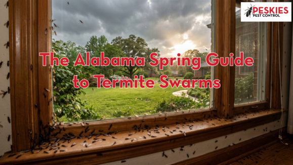 An indoor view looking through a large wooden-framed window onto a lush, green grassy yard under a dramatic, cloudy sky where the sun is breaking through after a rainstorm. The interior of the window area is heavily infested with a dense swarm of winged termite swarmers (alates), which are clustered thickly along the wooden windowsill, crawling up the window frame, and fluttering near the glass. Bold red text outlined in white across the center of the image reads, "The Alabama Spring Guide to Termite Swarms," and the "Peskies Pest Control" logo is visible in the top right corner.
