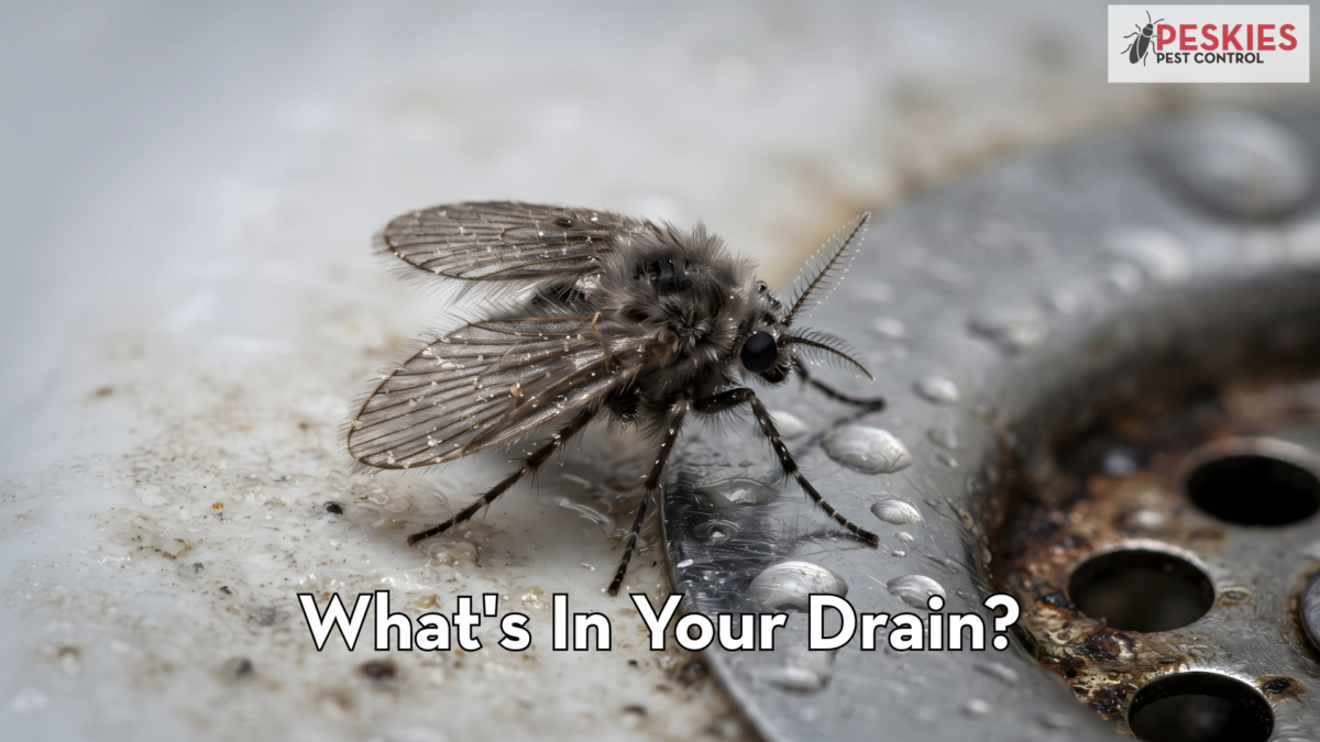Extreme macro photograph of a dark, furry drain fly (owl midge) sitting next to a metal sink drain cover with water droplets, featuring overlay text "What's In Your Drain?" and Peskies Pest Control branding.