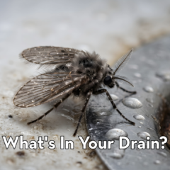 Extreme macro photograph of a dark, furry drain fly (owl midge) sitting next to a metal sink drain cover with water droplets, featuring overlay text "What's In Your Drain?" and Peskies Pest Control branding.