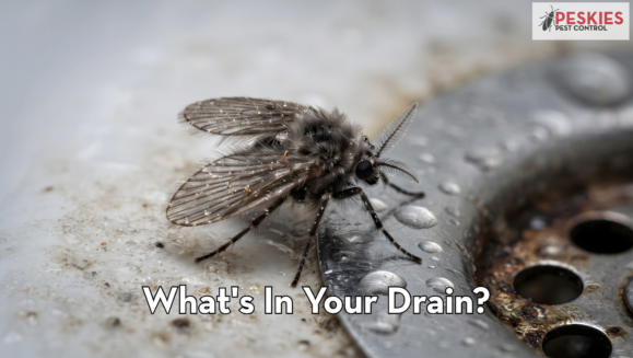 Extreme macro photograph of a dark, furry drain fly (owl midge) sitting next to a metal sink drain cover with water droplets, featuring overlay text "What's In Your Drain?" and Peskies Pest Control branding.